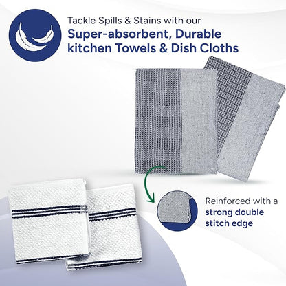 Casa Platino Mini Oven Mitts Set, 8-Piece – 500°F Heat Resistant Silicone Oven Mitts, Potholders for Kitchens, 2 Kitchen Towels & 2 Dish Cloths – Non-Slip & Durable – Indigo
