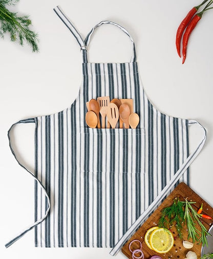 Cotton Professional Apron For Kitchen – 28 x 32 Inches – Women & Men – Useful When Cooking, Baking, Gardening – Adjustable Strap Around Waist & Neck With Pockets Navy Blue Stripes