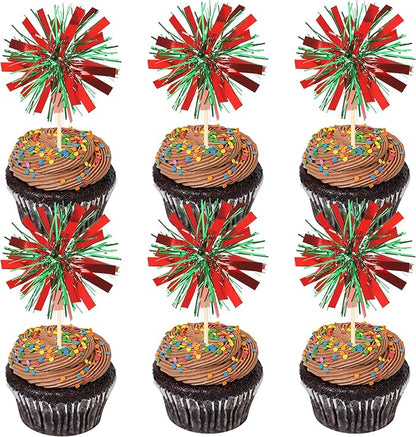 30 PCS Foil Firework Cupcake Toppers Sparkle Tinsel Cupcake Picks Happy Birthday Cake Decorations Drink Stirrers Cocktail Food Fruit Toothpicks for Baby Shower Graduation Party Supplies Red Green