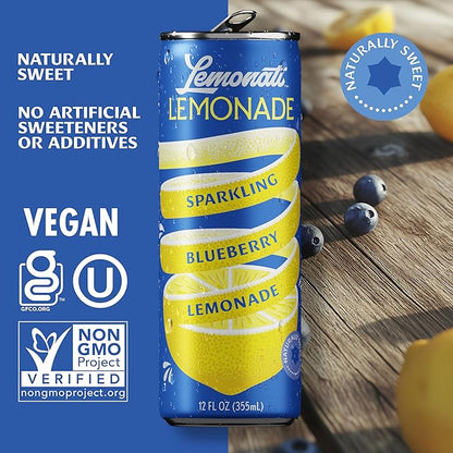 Lemonati Lemonade Sparkling Blueberry Lemonade, No Artificial Sweeteners or Flavoring, Gluten-Free, Kosher, Non-GMO, Vegan, 12 Fl Oz Slim Cans, Pack Of 24, Blueberry Lemonade, 12 Fl Oz (Pack of 24)