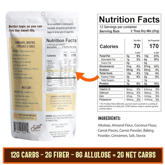 Sweet Logic Keto Baking Mix - Carrot Cake - Gluten-Free - Dairy Free - Diabetic-Friendly - High Protein - Allulose - Stevia - Low Sugar - Low Carb - Quick 20-Minute Prep (1-2G Carbs Per Serving)