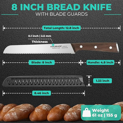 HAUSHOF Bread Knife with Sheath, 8-Inch Serrated Bread Knife for Homemade Bread, 5Cr15Mov Premium Stainless Steel Bread Cutter with Gift Box for Mom Dad, Full Tang and Ergonomic Handle