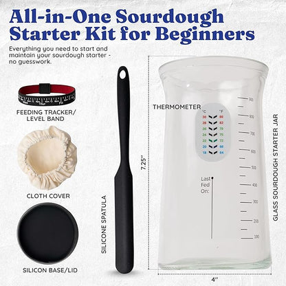Complete Gluten Free Sourdough Starter Kit: Gluten Free 100+ Year Old Dehydrated Sourdough Starter, Sourdough Jar, Feeding Band, Cloth Cover, Spatula & Thermometer - Beginner Friendly Sourdough Kit