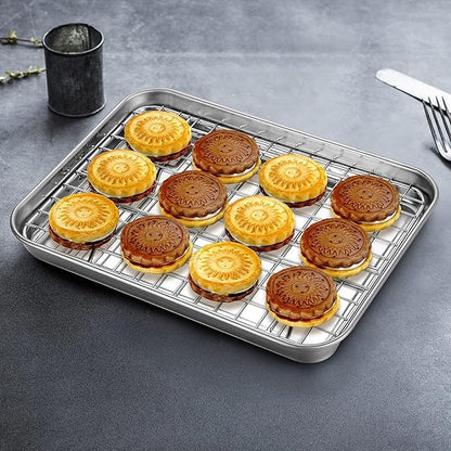 Baking Sheet with Rack Set, Yododo Set of 4 (2 Sheets + 2 Racks), Stainless Steel Cookie Sheet Baking Pan Tray with Cooling Rack, Non Toxic & Heavy Duty & Easy Clean - Size of 9 inch