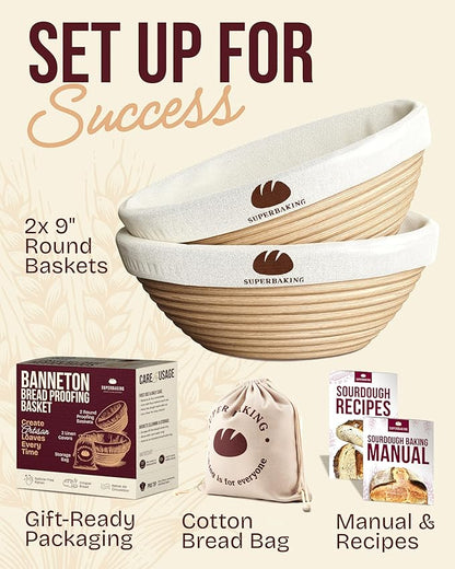 Superbaking Banneton Bread Proofing Basket Set of 2, 9" Splinter-Free Round Rattan Bread Basket with Liners, Sourdough Starter Kit, Sourdough Bread Baking Supplies & Sourdough Kit, Bread Making Tools