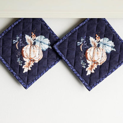 Maison d' Hermine Pot Holders Set 100% Cotton Heat Resistant Potholders 8" x 8" Hot Pads with Loop BBQ, Cooking, Baking, Grilling, Kitchen, Handling Hot Pans (Pack of 2, Pumpkin Blues)