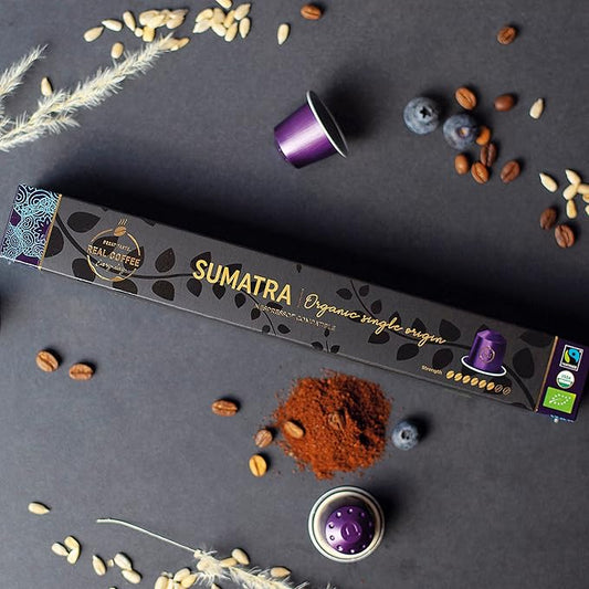 ‘Sumatra’ Organic Italian Espresso for Nespresso | 100 Organic Aluminum Capsules | Single-Origin Dark Roast | 100% Nespresso Compatible Pods | Fairtrade | Package May Vary