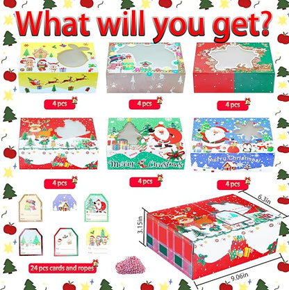 24 PCS Christmas Cookie Boxes for Gift Giving-Christmas Food Containers Cookie Tins, Christmas Tins Treat Boxes with Windows, Holiday Bakery Box for Pastries