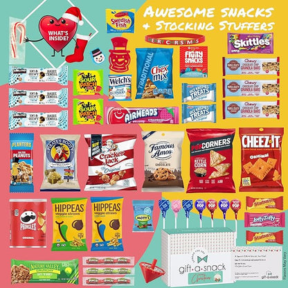 Gift A Snack - Christmas Candy Stocking Stuffers, Pre-filled Holiday Snack Box Care Package + Greeting Card (45 Count) Sweet Treats Gift Basket, Candies Chips Food Assortments & Variety Gifts
