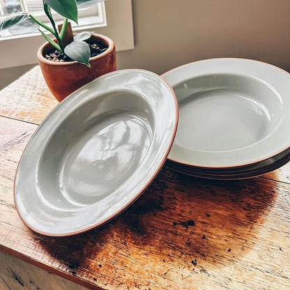 Mora Ceramic Wide Rimmed Soup Bowl 25oz, Set of 4 - For Pasta, Italian, Spaghetti, Dipping Bread, Fancy Dinner etc. Large Plate/Bowls Hybrid For Everyday & Restaurant Use, Large Flat Rim - Earl Grey