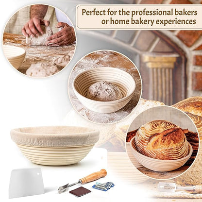 Sourdough Bread Baking Supplies Starter Kit, Banneton Proofing Basket 9'' Round, Sourdough Starter Jar, Scraper, Scoring Lame, Brush, Short Danish Whisk, Gift Set