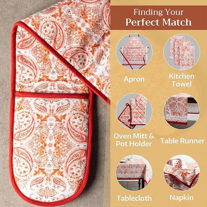 Maison d' Hermine Double Oven Mitts 100% Cotton 7"x35" Double Oven Mitt Heat Resistant BBQ Cooking Gloves with Loop, Baking, Grilling, Home, Kitchen, Handling Hot Pans (Orient)