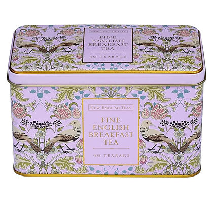 New English Teas Song Thrush and Berries Tea Tin in Pink with 40 English Breakfast Teabags
