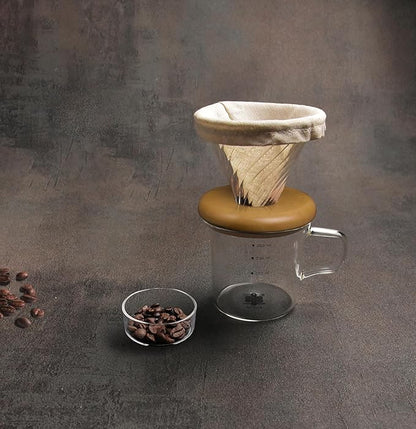 ATHIA Glass Pour Over Coffee Dripper Set, Glass Cone Dripper, Reusable Cloth Filter, Leather Cup Sleeve, Minimal Single Cup SET, for outdoor, office or at home (Olive Wood)