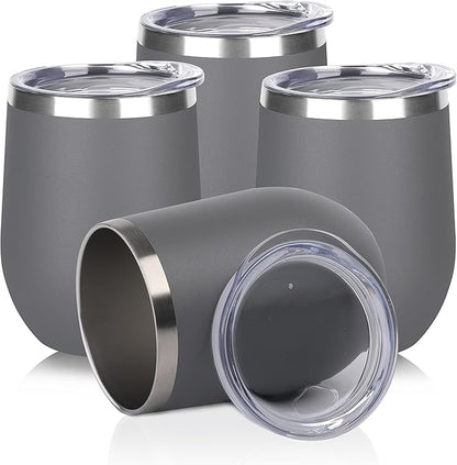 DOMICARE Stainless Steel Wine Tumbler Bulk with Lid, Personalized Insulated Tumblers Set, 12oz Travel Coffee Cups Pack of 4, Gray