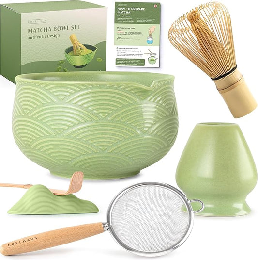 Matcha Whisk Set (7 Pcs) - Complete Matcha Set, Matcha Bowl with Spout, Whisk with Holder, Bamboo Scoop with Rest and Sifter, Perfect Kit for Matcha Lovers (Green Mist)