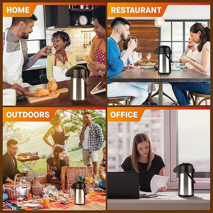 64 Oz Airpot Coffee Dispenser with Pump, 2Pcs Insulated Thermal Coffee Carafe - Stainless Steel Hot Beverage Dispenser - Coffee Urn for Hot/Cold Water, Drink Dispenser for Parties
