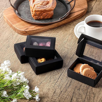 Zonon 30 Pcs Soap Boxes for Homemade Packaging, Mini Kraft Treat Boxes with Window for Bakery Candy Soap Making Gift Packaging (3.7 x 2.6 x 1.37 Inch,Black)