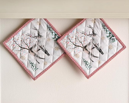 Maison d' Hermine Pot Holders Set 100% Cotton Heat Resistant Potholders 8" x 8" Hot Pads with Loop BBQ, Cooking, Baking, Grilling, Kitchen, Handling Hot Pans (Pack of 2, Rural Christmas)