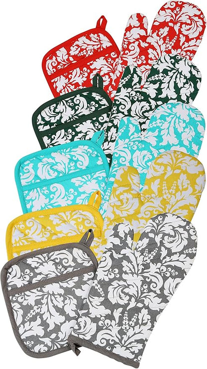 Yourtablecloth Set of Oven Mitt and Pot Holder or Oven Gloves-100% Cotton, High Heat Resistance, Superior Protection & Comfort–Elegant Design-Machine Washable-BlackBerry