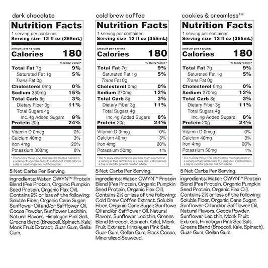 OWYN Only What You Need Plant Based Protein Shake, 20g Vegan Protein from Organic Pumpkin Seed, Flax, Pea Blend, Prebiotic Supplement, Superfood Greens, Gluten & Soy-Free (Variety Pack, 12 Pack)