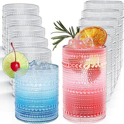 Vintage Hobnail Drinking Glasses Set of 12, 12 oz Highball Glasses & 10 oz Cocktail Glasses, Embossed Glass Cups, Clear Water Glasses Kitchen Bar Glassware Set for Beer, Juice, Cocktail, Whiskey