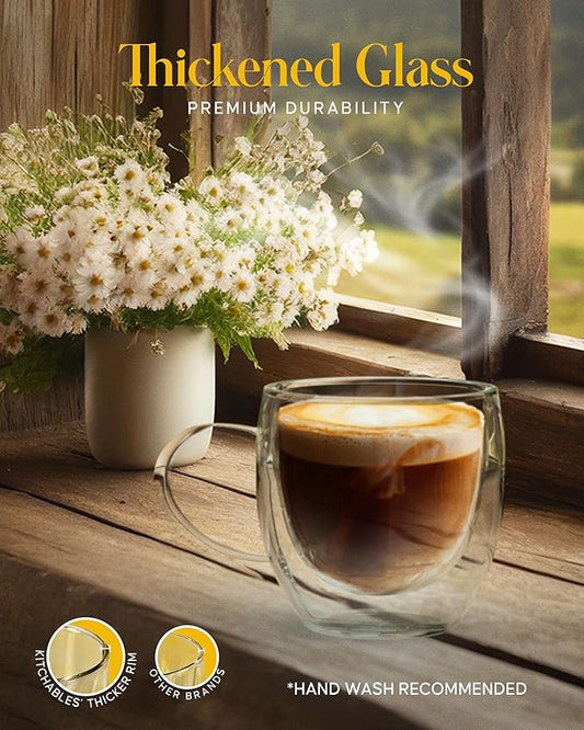 Kitchables Double Walled Glass Coffee Mugs Set of 4, 8oz - Insulated Glass Coffee Mugs for Cappuccino, Latte, Tea, Espresso - Latte Cup - Tazas Para Cafe
