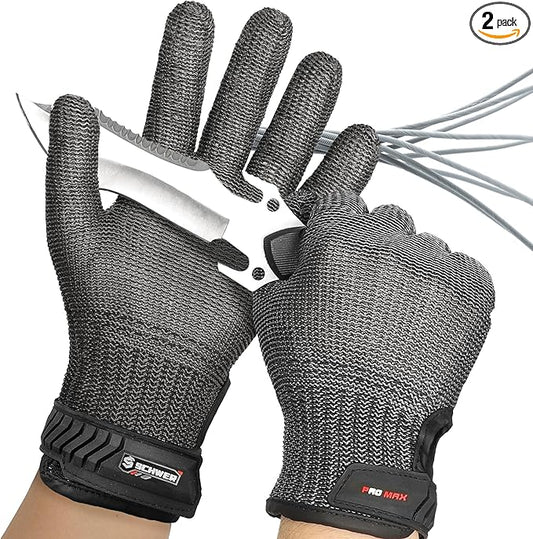 Schwer Ultimate Cut Resistant Gloves Beyond ANSI A9, Reinforced Stainless Steel Glove, Food Grade Mesh Metal Gloves for Butcher Meat Cutting, Oyster Shucking, Mandoline, Non-PFAS, PR1708 (M, 2 PCS)