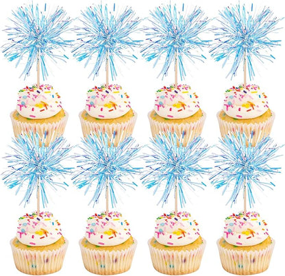 30 PCS Foil Firework Cupcake Toppers Happy Birthday Cupcake Toppers Sparkle Tinsel Flower Drink Stirrers Cocktail Fruit Toothpicks for Valentine's Day Baby Shower Party Cake Decor Supplies Blue