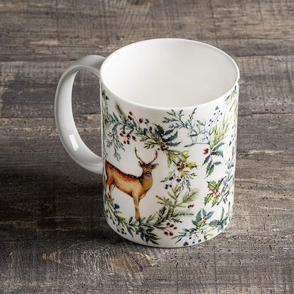 Maison d' Hermine Coffee Mug with Handles Fine Bone China Mugs Pack of One Tea Cups for Hot Beverages Cappuccino Latte Home Restaurant Office Perfect for Gift (Holly Time - Biche, 12 Ounce)