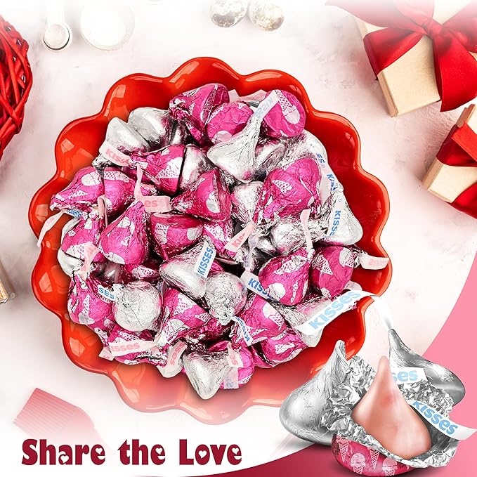 Kisses Milk Chocolate & Strawberry Ice Cream Mix – 1 lb Bag (Approx. 95 Pieces) in Silver & Pink Foils – Perfect Valentine's Candy for Gift Bags, Candy Bowls, Party Favors, and Baking Decorations