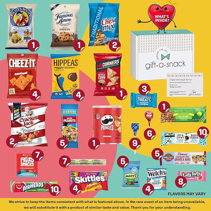 Gift A Snack - Thanksgiving, Holiday, Christmas Stocking Stuffer Snack Box Variety Pack Care Package + Greeting Card (100 Count) Birthday Sweet Treats Gift Basket, Candies Chips Crackers Bars