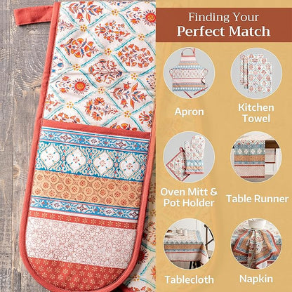 Maison d' Hermine Double Oven Mitts 100% Cotton 7"x35" Double Oven Mitt Heat Resistant BBQ Cooking Gloves with Loop, Baking, Grilling, Home, Kitchen, Handling Hot Pans (Romane)