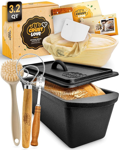 Rectangular Cast Iron Dutch Oven for Bread Baking - incl. Sourdough Bread-Baking Supplies - 3.2QT Bread-Pan for Homemade-Bread, Sour dough Bread-Pans with Lid, Bread-Oven, Bread-Baking-Pan