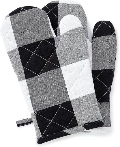 Encasa XO Long 12"x7" Oven Microwave Hand Gloves Mitts (2 pc Set) for Kitchen Cooking & Baking - Heat Resistant, Thick & Safe, Protection of Hands from Hot Utensils - Buffalo Black Checks