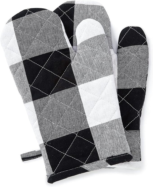 Encasa XO Long 12"x7" Oven Microwave Hand Gloves Mitts (2 pc Set) for Kitchen Cooking & Baking - Heat Resistant, Thick & Safe, Protection of Hands from Hot Utensils - Buffalo Black Checks