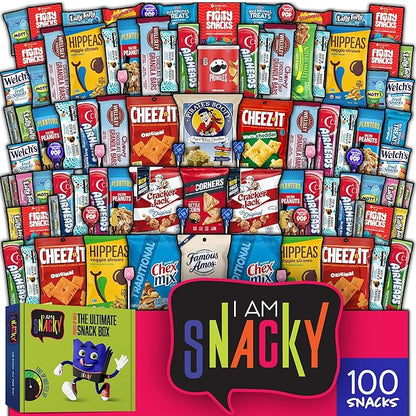 I AM Snacky - Thanksgiving Snack Box Variety Pack Care Package + Greeting Card - SNACKY'S PARTY PACK (100 Count) Birthday Sweet Treats Gift Basket, Candies Chips, Office Food Assortments