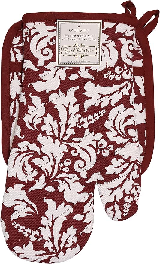 Yourtablecloth Set of Oven Mitt and Pot Holder or Oven Gloves-100% Cotton, High Heat Resistance, Superior Protection & Comfort–Elegant Design-Machine Washable-BlackBerry