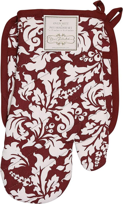 Yourtablecloth Set of Oven Mitt and Pot Holder or Oven Gloves-100% Cotton, High Heat Resistance, Superior Protection & Comfort–Elegant Design-Machine Washable-BlackBerry