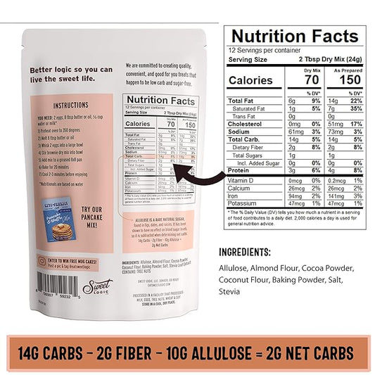 Sweet Logic Keto Baking Mix - Fudge Brownie - Gluten-Free - Dairy Free - Diabetic-Friendly - High Protein - Allulose - Stevia - Low Sugar - Low Carb - Quick 20-Minute Prep (1-2G Carbs Per Serving)