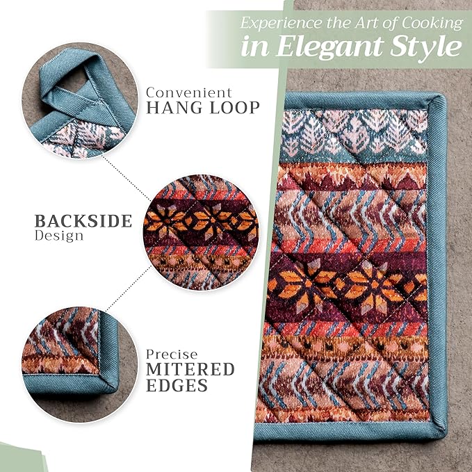 Maison d' Hermine 100% Cotton Oven Mitt & Pot Holder Set (7.5"x13" & 8"x8") Heat Resistant BBQ Cooking Gloves with Loop, Baking, Grilling, Kitchen, Handling Hot Pans (Fair Isle)