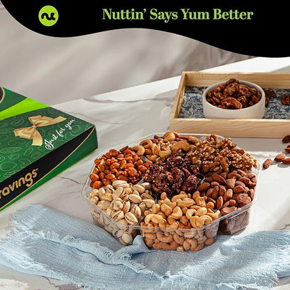 NUT CRAVINGS - Thanksgiving Mixed Nuts Gift Basket in Green Gold Box (7 Assortments, 1 LB) Holiday Xmas Christmas Food Arrangement, Healthy Snack Care Package, Food Assortments