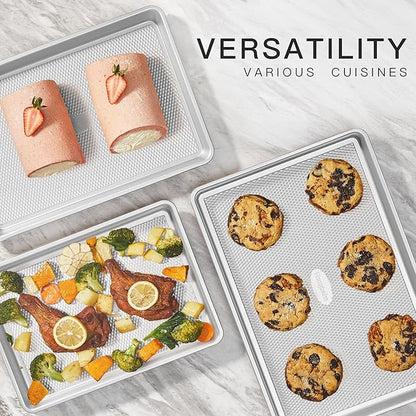 HONGBAKE Baking Sheet Pan Set, Cookie Sheets for Oven, Nonstick Half/Quarter/Jelly Roll Pans with Diamond Texture Pattern, Heavy Duty Cookie Tray, Silver