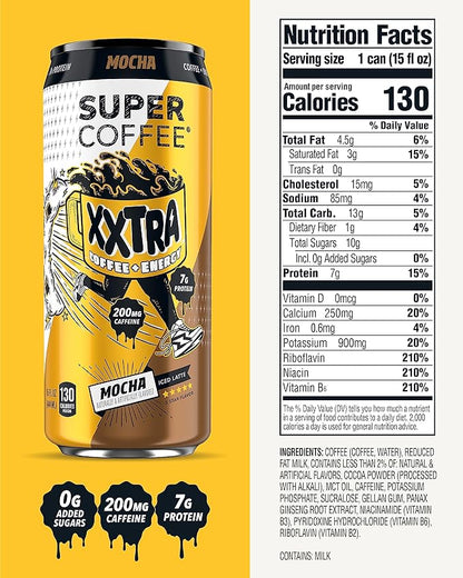 Super Coffee XXTRA, Keto Protein Coffee (0g Added Sugar, 7g Protein, 130 Calories) [Mocha] 15 Fl Oz, 12 Pack | Iced Smart Coffee Drinks - SoyFree GlutenFree