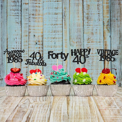 Gyufise 30Pcs Black Glitter Vintage 1985 Cupcake Toppers Awesome Since 1985 Cake Decorations Cheers to 40 Fabulous Forty Cupcake Picks 40th Birthday Wedding Anniversary Party Cake Decorations Supplies