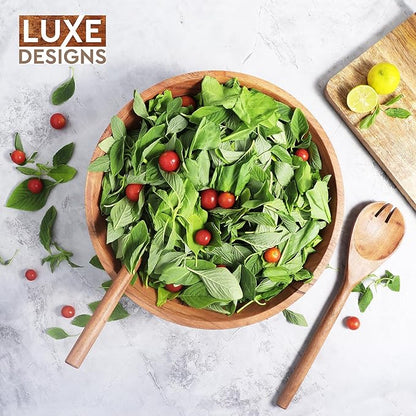 Luxe Designs Wooden Salad Bowl Set - Food Safe & Sustainable Decorative Bowl - Wood Bowl for Fruits, & Salads - Easy to Clean Large Salad Bowls Set w/Spoon, Fork – Wooden Bowls for Food (Natural)