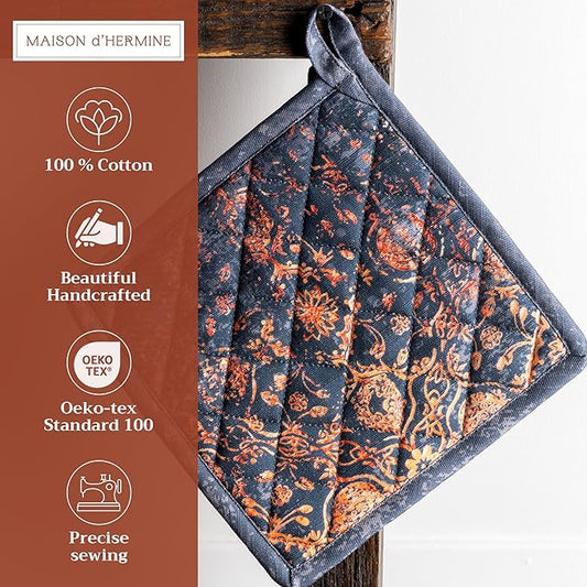 Maison d' Hermine Pot Holders Set 100% Cotton Heat Resistant Potholders 8" x 8" Hot Pads with Loop BBQ, Cooking, Baking, Grilling, Kitchen, Handling Hot Pans (Pack of 2, Imperfection)