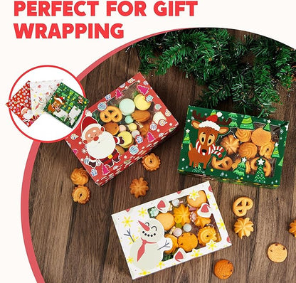 JOYIN 24 PCS Christmas Foil Treats Cookie Gift Boxes (8.75" x 5.75" x 2.75") Colorful Pattern Bakery Box with Window for Xmas Holiday Birthday Party Pastries, Cupcakes, Brownies, Donuts Gift-Giving