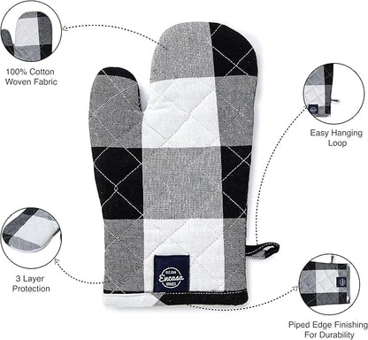 Encasa XO Long 12"x7" Oven Microwave Hand Gloves Mitts (2 pc Set) for Kitchen Cooking & Baking - Heat Resistant, Thick & Safe, Protection of Hands from Hot Utensils - Buffalo Black Checks