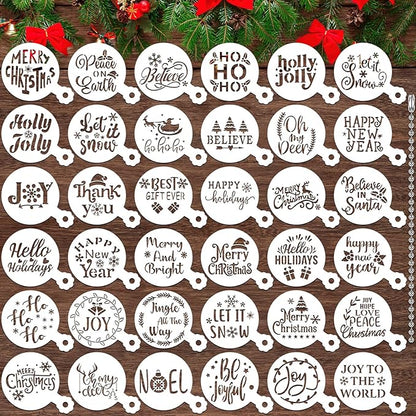 JULBEAR 36 Pieces Reusable Christmas Cake Stencils Templates Molds Tools for Christmas Holiday New Year Cookies Baking Painting Dessert Coffee Decoration